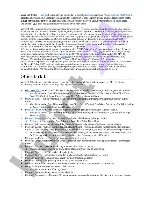Microsoft office dasturlari haqida umumiy ma'lumot