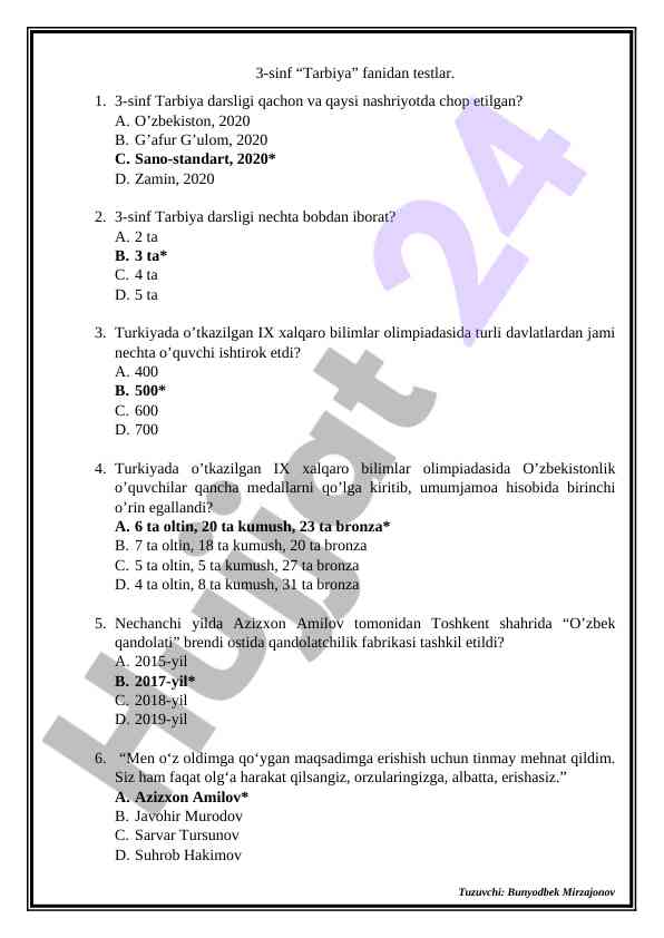 3-sinf tarbiya fani testlari