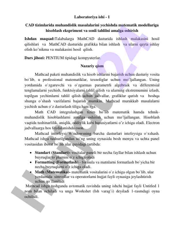 Mathcad dasturida muhandislik masalalari bo‘yicha laboratoriya