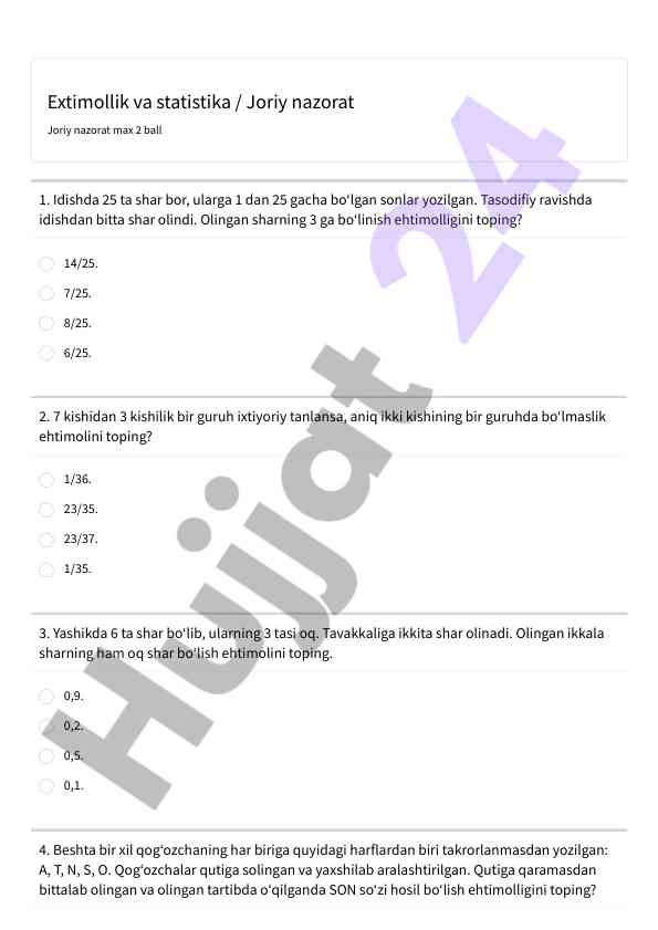 Ehtimollik va statistika masalalari