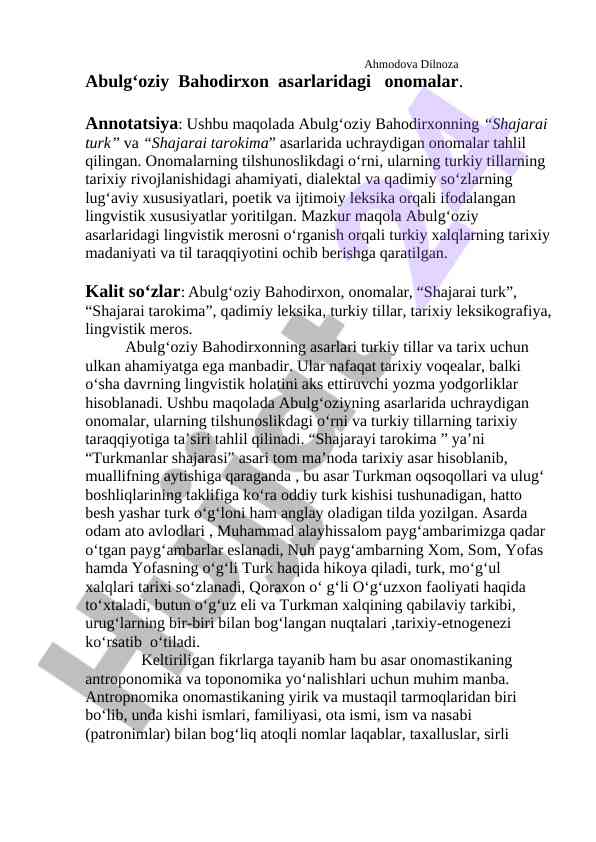 Abulg‘oziy bahodirxon asarlaridagi onomalar tahlili
