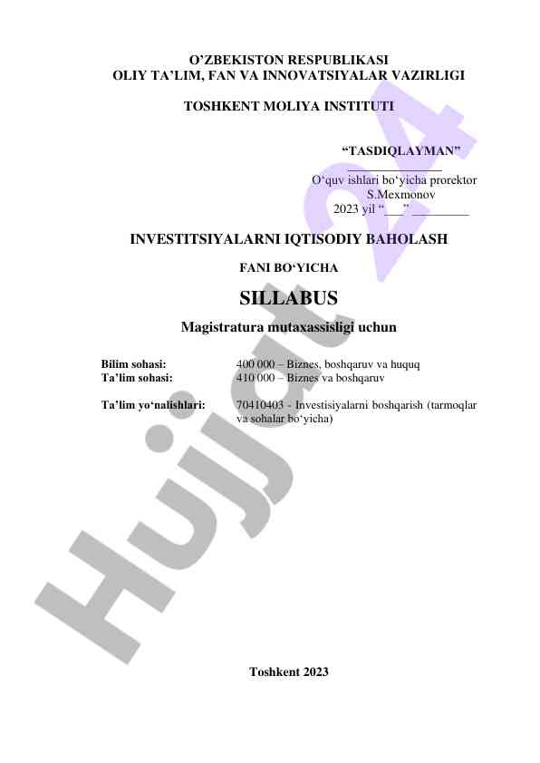 Investitsiyalarni iqtisodiy baholash fan sillabusi