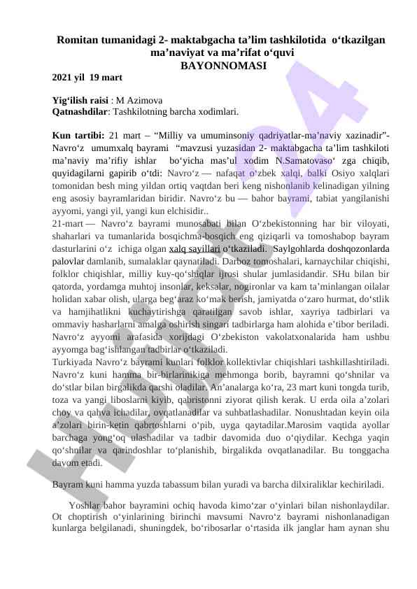 Navro‘z bayrami: ma’naviyat va ma’rifat o‘quvi