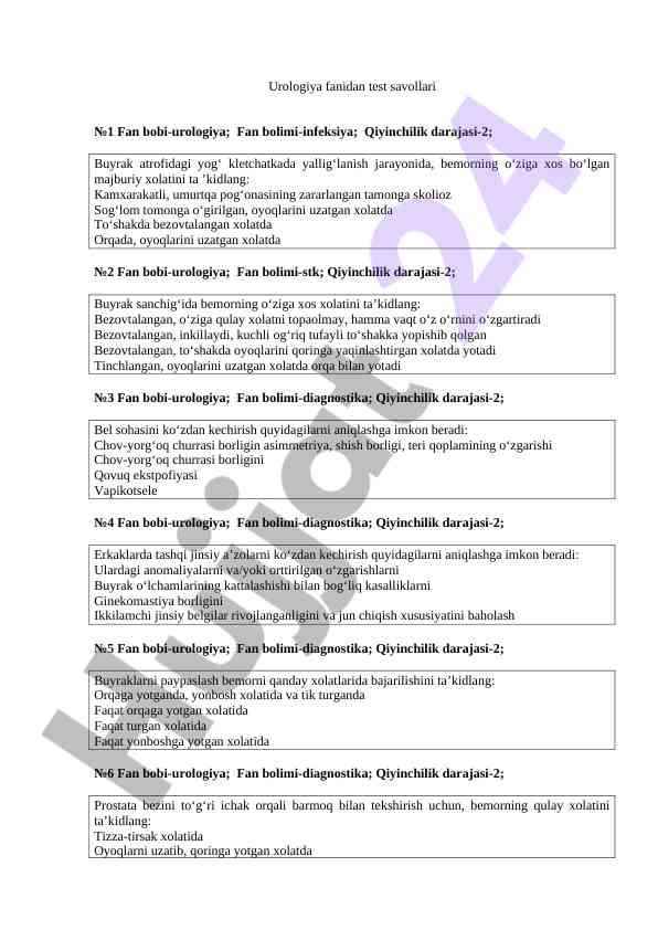 Urologiya fani test savollari #1