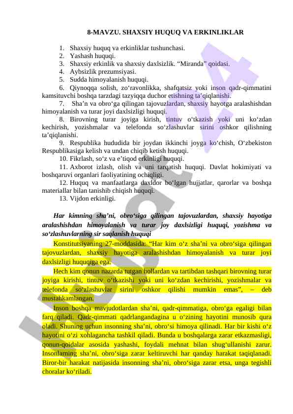 Shaxsiy huquq va erkinliklar tushunchasi