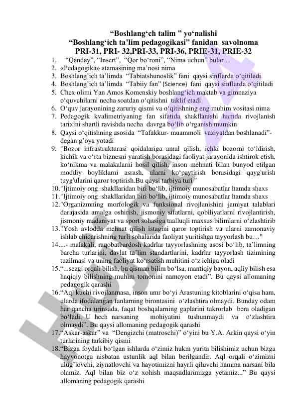 Boshlang‘ich ta’lim pedagogikasi savollari