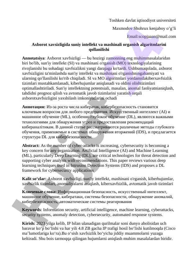 Axborot xavfsizligi va sun'iy intellekt algoritmlari