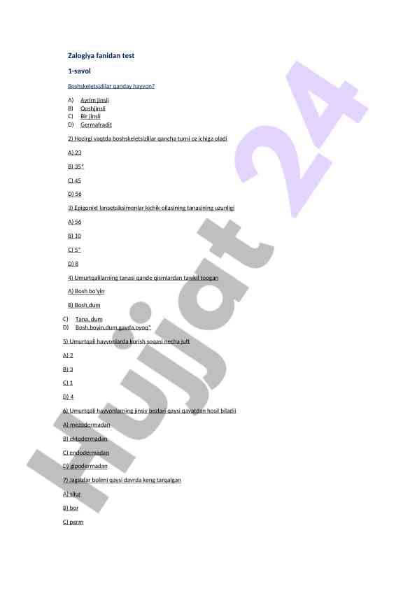 Zalogiya fanidan test savollari va javoblari
