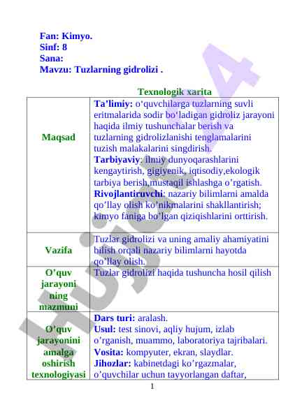 Tuzlarning gidrolizi mavzusida dars ishlanmasi