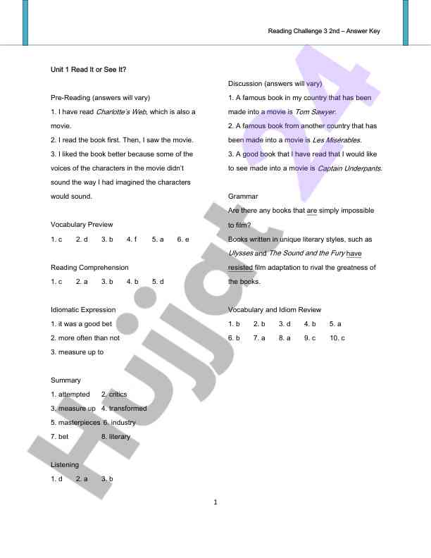 Reading challenge answer key for unit 1