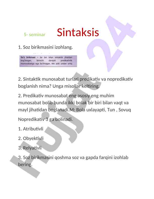 Sintaksis 1: soz birikmasi va sintaktik munosabatlar