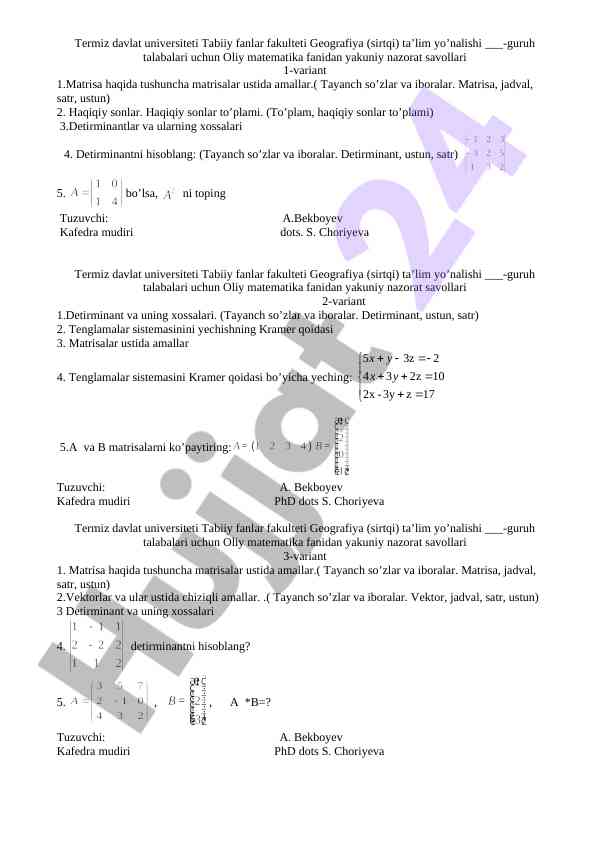 Oliy matematika fanidan yakuniy nazorat savollari