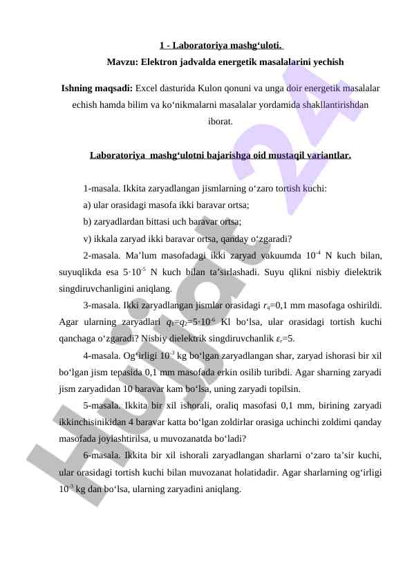 Elektron jadvalda energetik masalalar yecha olish