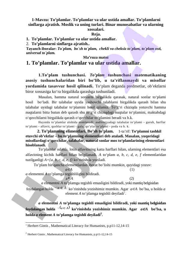 Toplamlar va ular ustida amallar tushunchasi