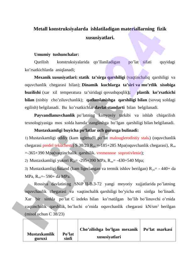 Metall konstruktsiyalardagi materiallarning fizik xususiyatlari