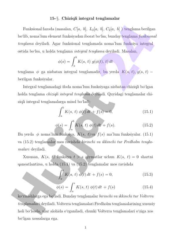 Chiziqli integral tenglamalar funksional fazoda