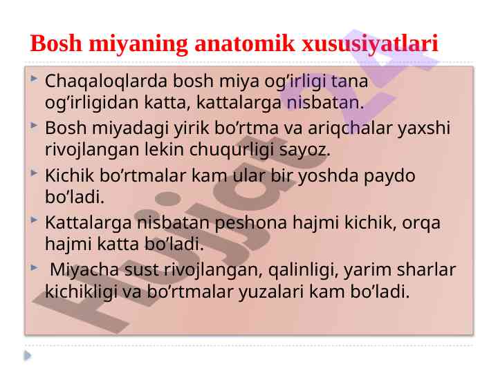 Bosh miyaning anatomik xususiyatlari chaqaloqlarda