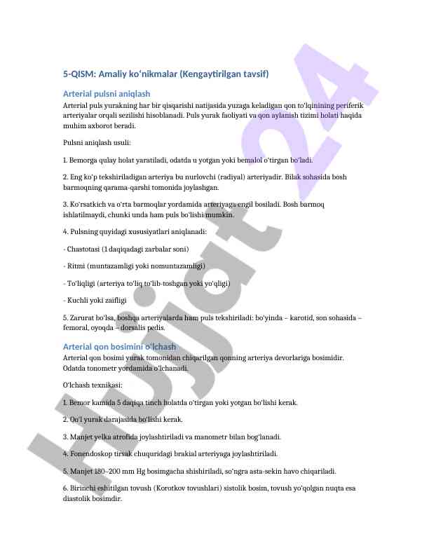 Arterial pulsni aniqlash bo‘yicha amaliy ko‘nikmalar