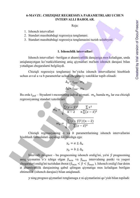 Chiziqsiz regressiya parametrlari uchin intervalli baholar