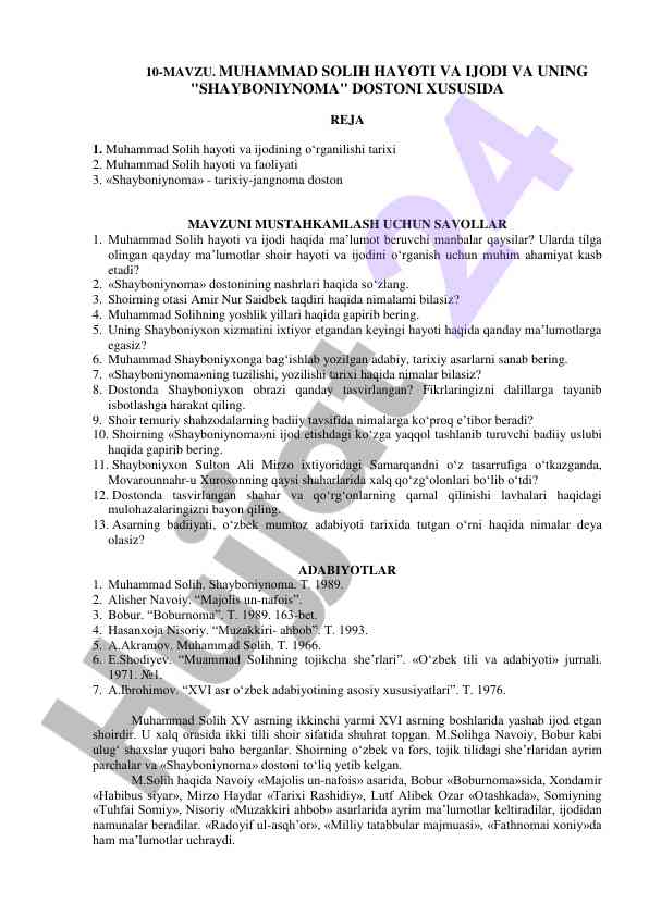 Muhammad solih hayoti va ijodi hamda shayboniynoma