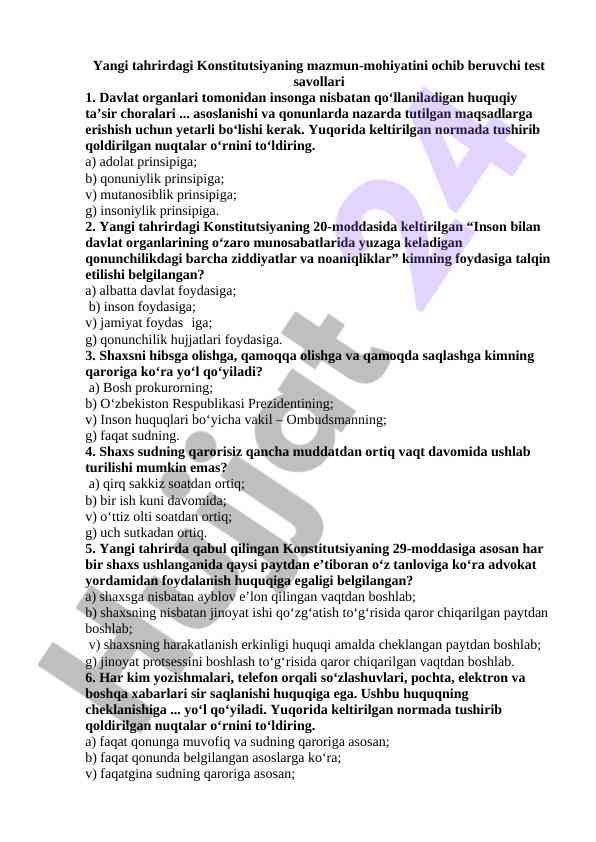 Yangi tahrirdagi konstitutsiya test savollari
