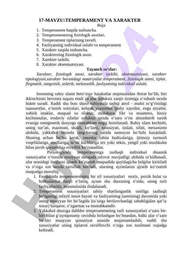 Temperament va xarakter tushunchalari