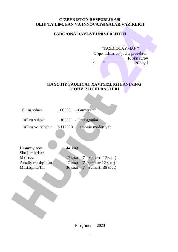 Hayotiy faoliyat xavfsizligi fanining o‘quv dasturi