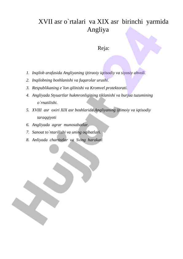 Xvii asr o'rtalari va xix asr birinchi yarmida angliya