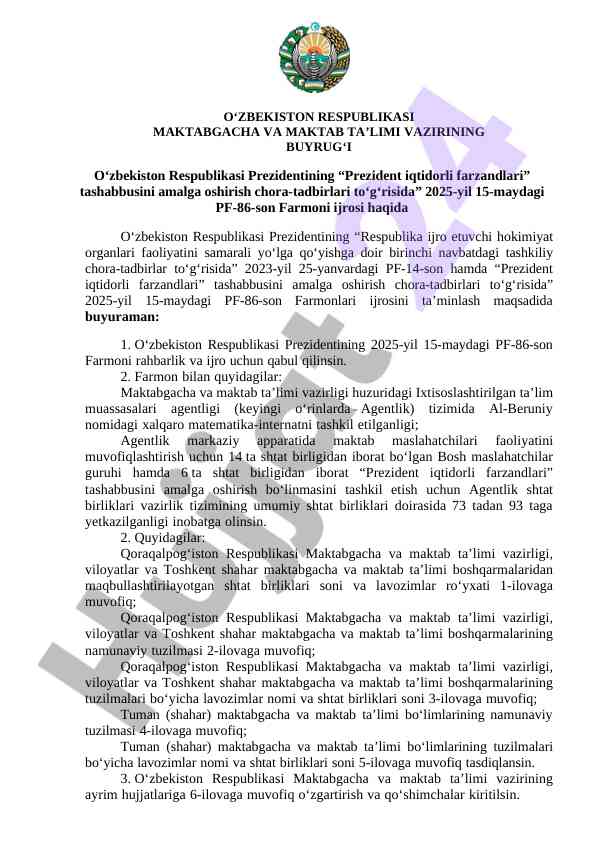 Prezident iqtidorli farzandlari tashabbusining amalga oshirilishi