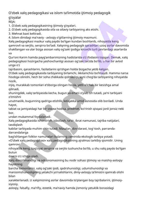O’zbek xalq pedagogikasi va islom ta’limoti ijtimoiy g’oyalari