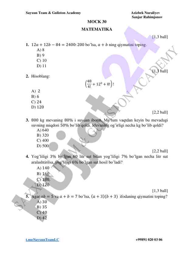 30 ta matematik test savollari