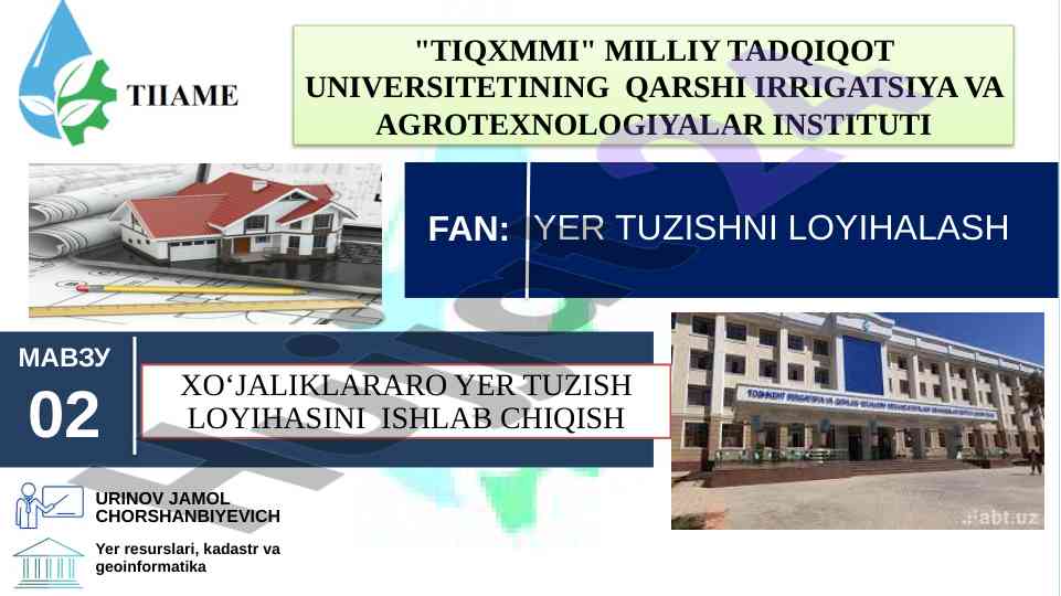 Yer tuzish loyihasini ishlab chiqish bo'yicha o'qituvchi qo'llanma