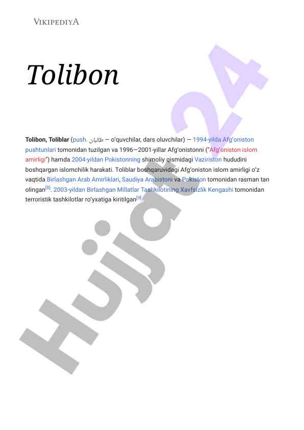 Tolibonning tarixi va faoliyati afg'onistonda