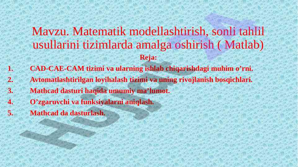 Matematik modellashtirish va matlab dasturlash