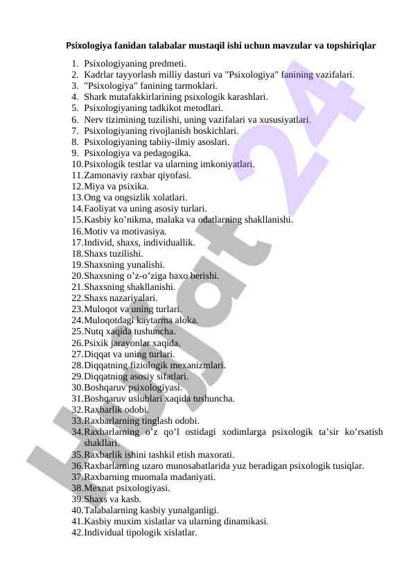 Psixologiya fanidan talabalar mustaqil ishlari