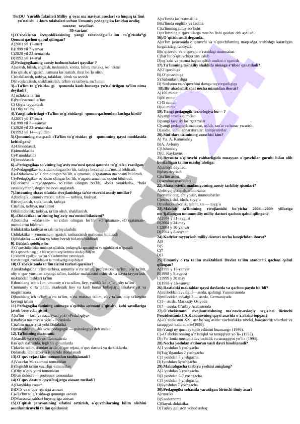 Umumiy pedagogika fanidan oraliq nazorat savollari