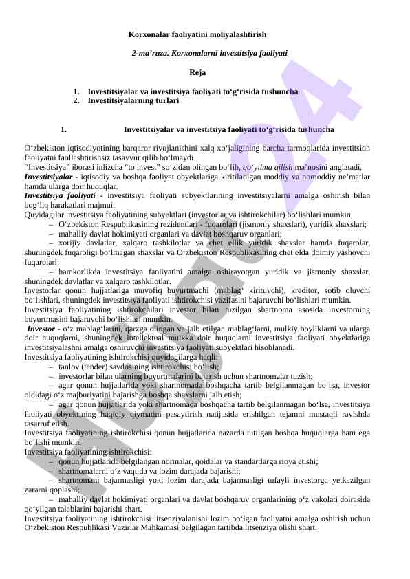 Korxonalarni moliyalashtirish va investitsiya faoliyati