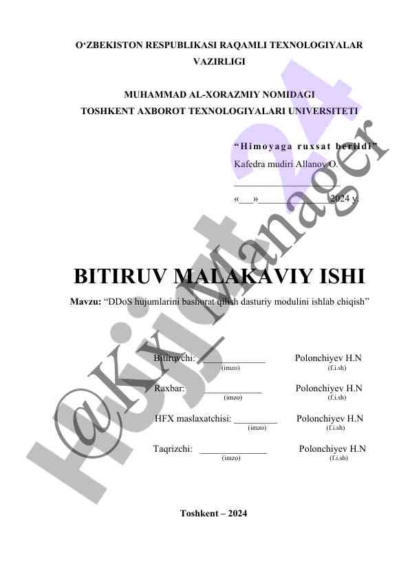 Ddos hujumlarini bashorat qilish dasturi ishlab chiqish