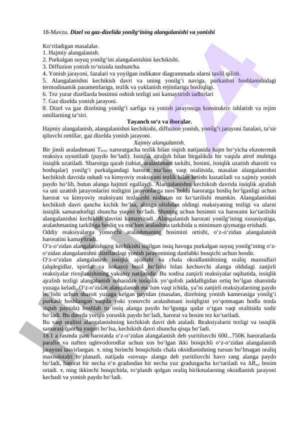 Dizel va gaz-dizelida yonilg‘ining alangalanishi va yonishi