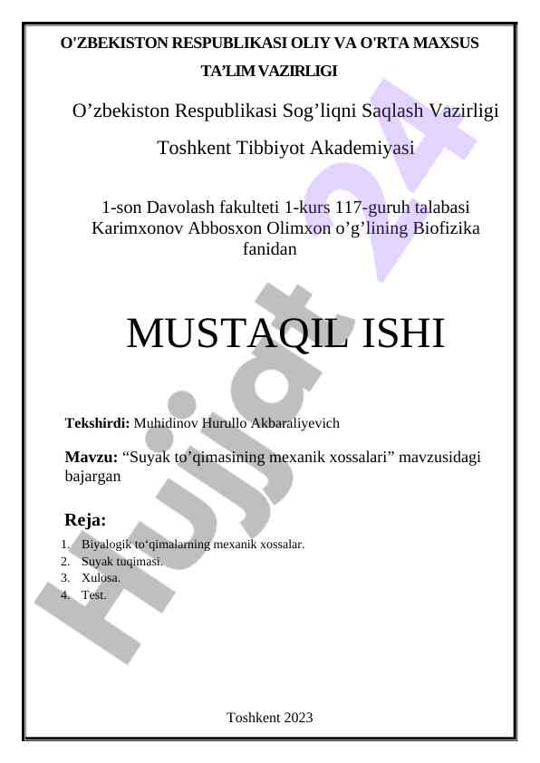 Suyak to'qimasining mexanik xossalari mustaqil ish