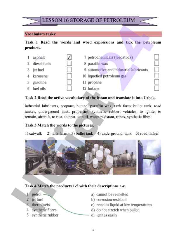 Vocabulary tasks for petroleum products and storage