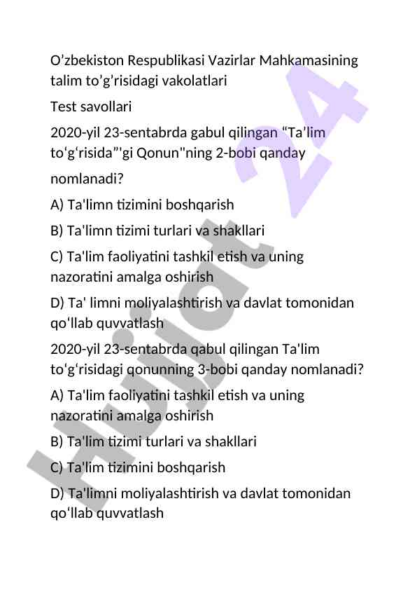 O’zbekiston ta’lim qonunlari bo’yicha test savollari