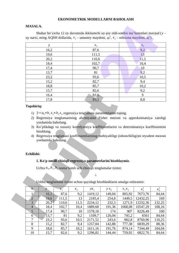 Ekonometrik Modellarni Baholash Masalalari