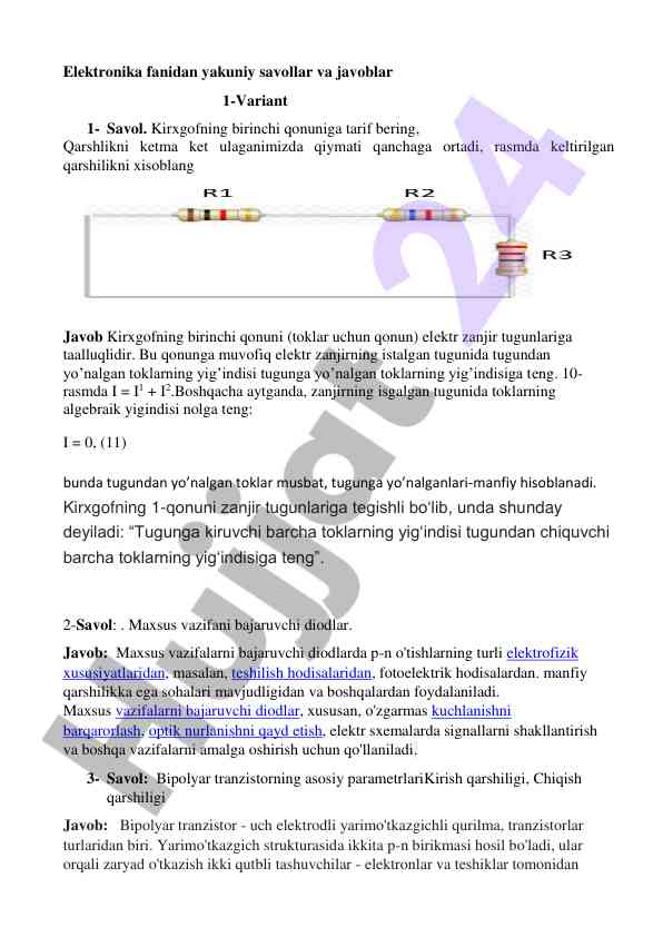 Elektronika fanidan yakuniy savollar va javoblar