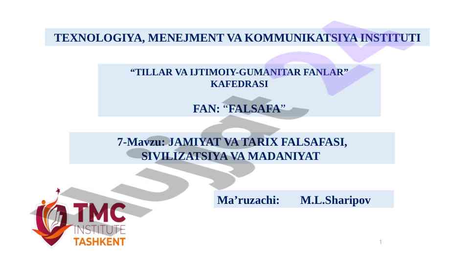Jamiyat va tarix falsafasi mavzusi dars ishlanmasi
