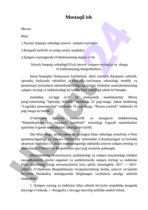 Xalqaro reytinglar va o'zbekistonning o'rni