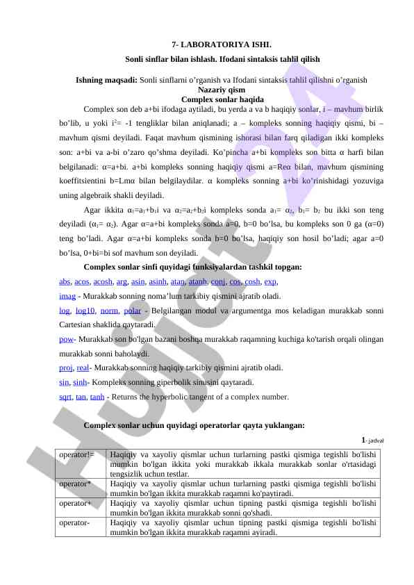 Sonli Sinflar Bilan Ishlash Va Ifodani Sintaksis Tahlil