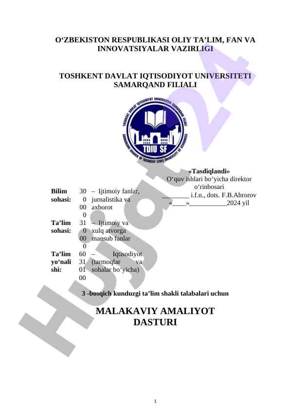 Malakaviy amaliyot dasturi iqtisodiyot fakulteti uchun