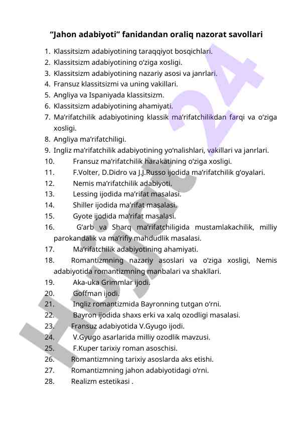 Klassitsizm va ma’rifatchilik adabiyoti savollari