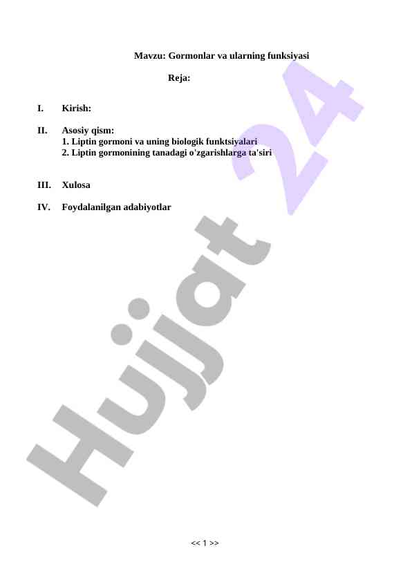 Liptin gormoni va uning biologik funktsiyalari